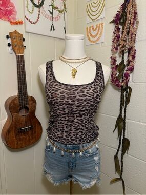 Leopard Print Scoop Neck Tank Top - Taupe/Pink